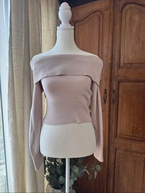 Off-Shoulder Ribbed Knit Sweater - Blush Pink